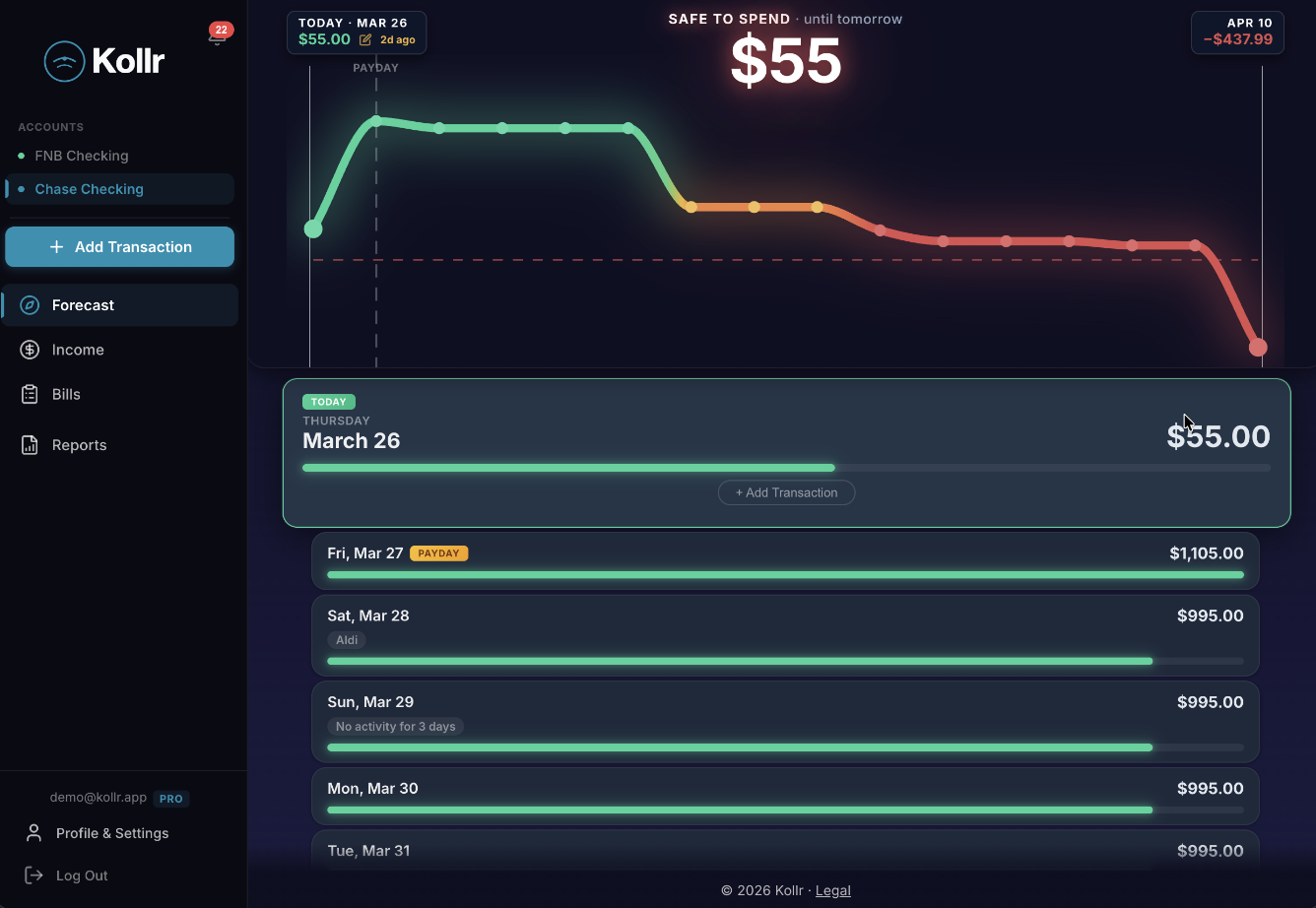 Kollr app showing cash flow forecast with daily balances, safe-to-spend amount, and payday countdown
